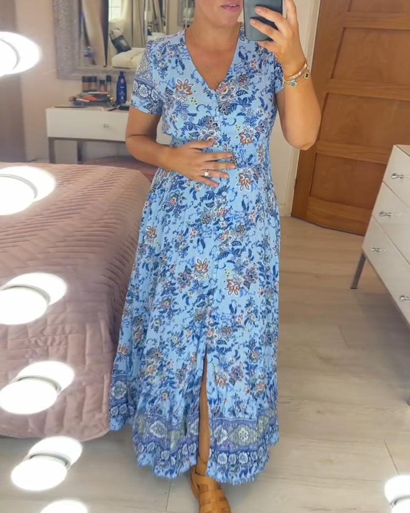 (💃Que dois-je porter demain ?) Robe longue à col en V, imprimée et confortable