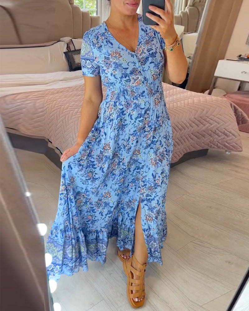(💃Que dois-je porter demain ?) Robe longue à col en V, imprimée et confortable