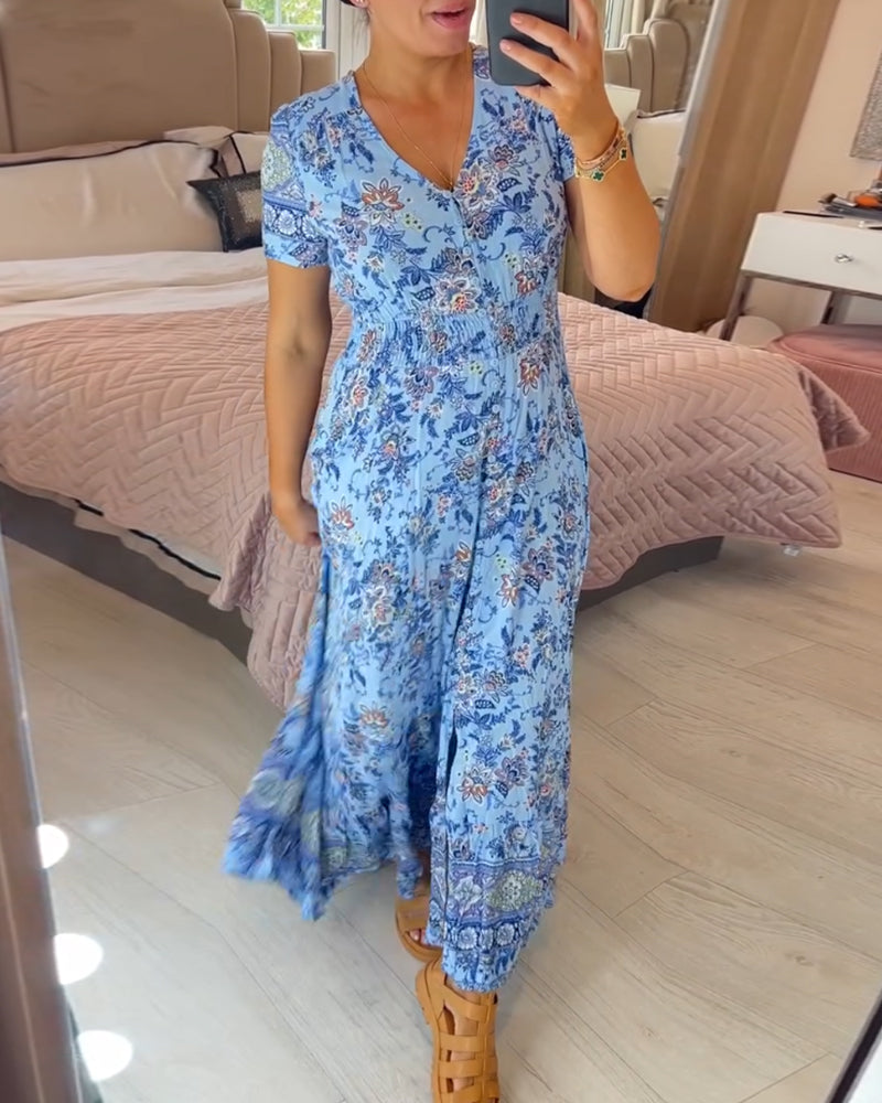 (💃Que dois-je porter demain ?) Robe longue à col en V, imprimée et confortable