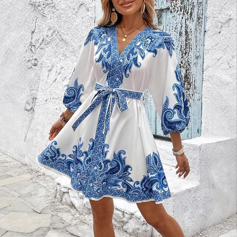 ⏳Spécial à durée limitée⏰Robe imprimée à taille nouée et encolure en V👗