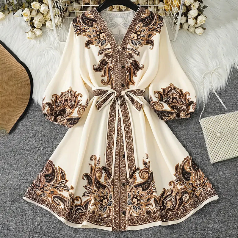 ⏳Spécial à durée limitée⏰Robe imprimée à taille nouée et encolure en V👗