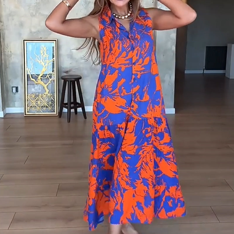 🌺 Robe Longue Sans Manches à Imprimé Exotique – Look Île & Coucher de Soleil 🌅 ✨ Tissu Léger & Coupe Élégante – Sublimez Votre Été avec Style !👗