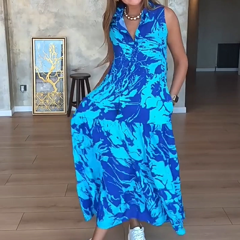 🌺 Robe Longue Sans Manches à Imprimé Exotique – Look Île & Coucher de Soleil 🌅 ✨ Tissu Léger & Coupe Élégante – Sublimez Votre Été avec Style !👗