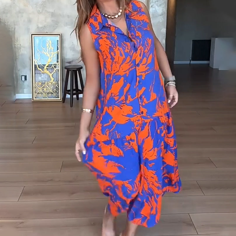 🌺 Robe Longue Sans Manches à Imprimé Exotique – Look Île & Coucher de Soleil 🌅 ✨ Tissu Léger & Coupe Élégante – Sublimez Votre Été avec Style !👗
