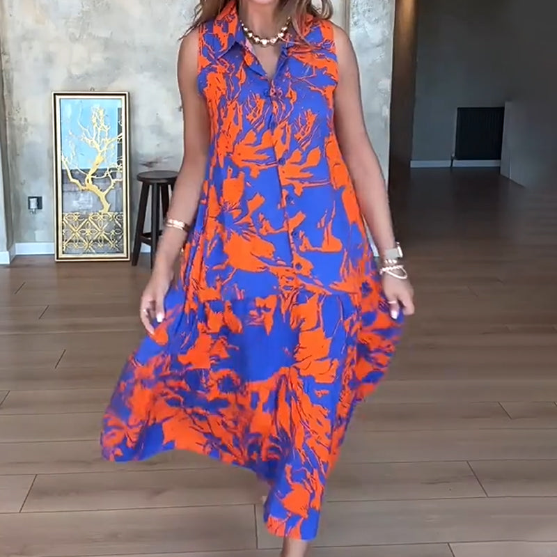 🌺 Robe Longue Sans Manches à Imprimé Exotique – Look Île & Coucher de Soleil 🌅 ✨ Tissu Léger & Coupe Élégante – Sublimez Votre Été avec Style !👗