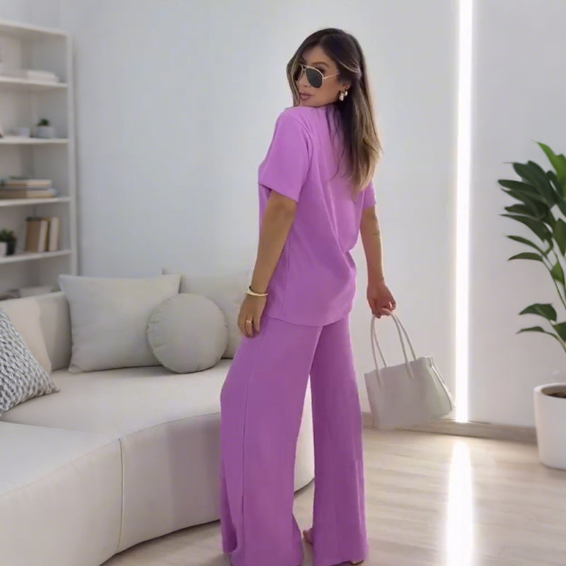 ⏳Spécial à durée limitée⏰Haut à manches courtes uni & Ensemble pantalon large👚👖