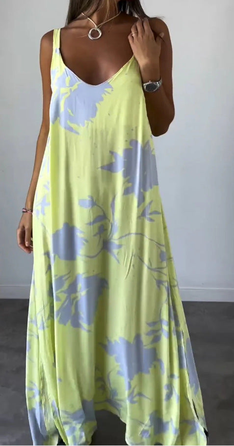 🎨Porcelaine Bleue, Élégance Fluide💃Robe florale fluide sans manches à bretelles spaghetti pour femmes