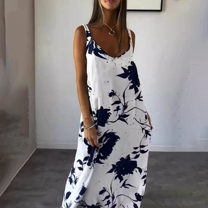 🎨Porcelaine Bleue, Élégance Fluide💃Robe florale fluide sans manches à bretelles spaghetti pour femmes