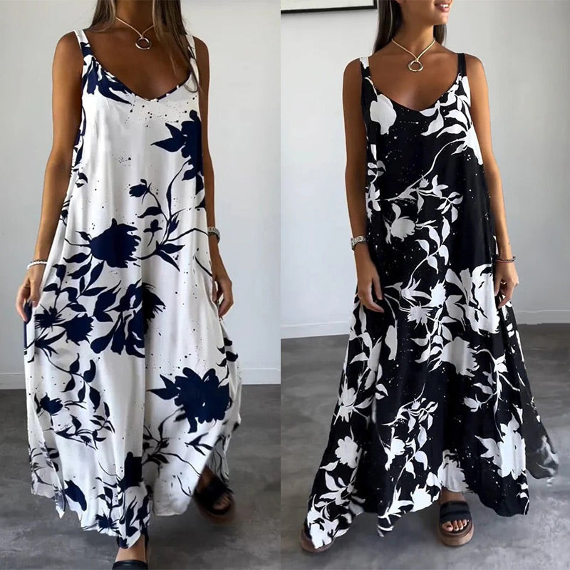 🎨Porcelaine Bleue, Élégance Fluide💃Robe florale fluide sans manches à bretelles spaghetti pour femmes