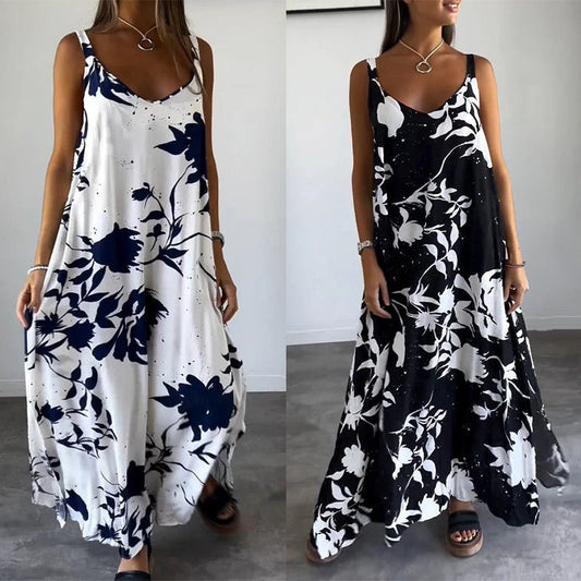 🎨Porcelaine Bleue, Élégance Fluide💃Robe florale fluide sans manches à bretelles spaghetti pour femmes