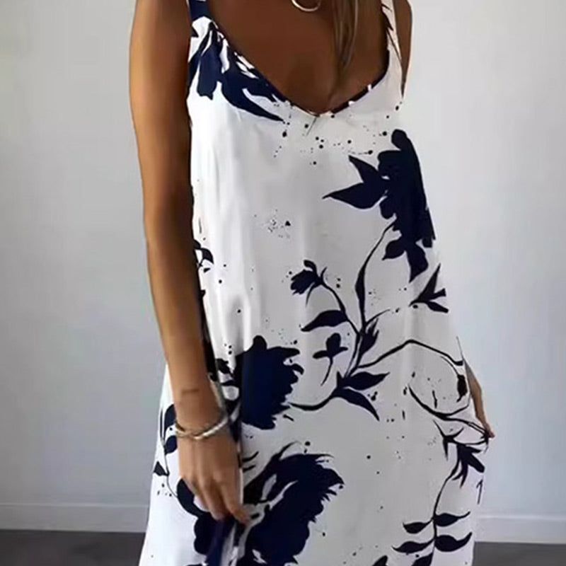 🎨Porcelaine Bleue, Élégance Fluide💃Robe florale fluide sans manches à bretelles spaghetti pour femmes