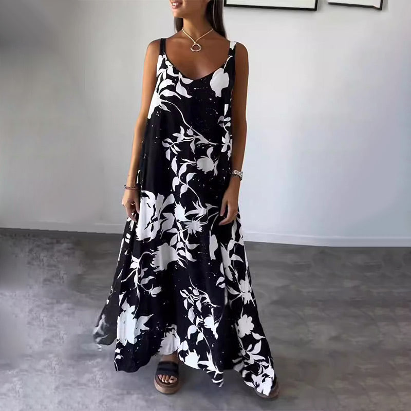 🎨Porcelaine Bleue, Élégance Fluide💃Robe florale fluide sans manches à bretelles spaghetti pour femmes