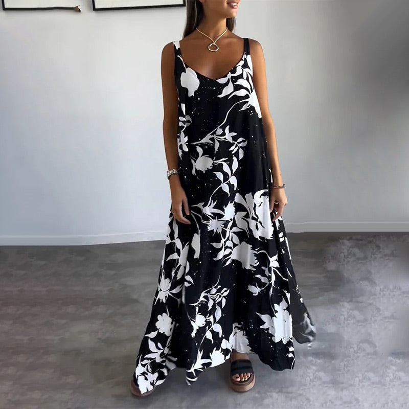🎨Porcelaine Bleue, Élégance Fluide💃Robe florale fluide sans manches à bretelles spaghetti pour femmes
