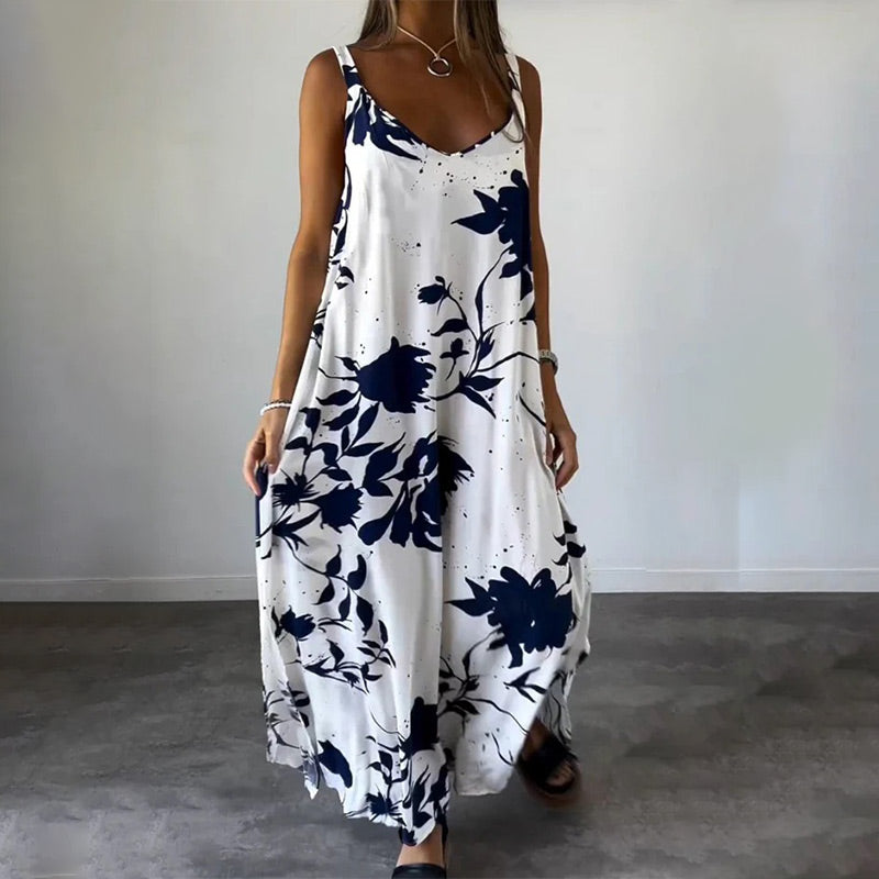 🎨Porcelaine Bleue, Élégance Fluide💃Robe florale fluide sans manches à bretelles spaghetti pour femmes
