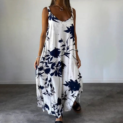 🎨Porcelaine Bleue, Élégance Fluide💃Robe florale fluide sans manches à bretelles spaghetti pour femmes