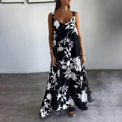 🎨Porcelaine Bleue, Élégance Fluide💃Robe florale fluide sans manches à bretelles spaghetti pour femmes