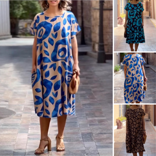 Élégance Fluide : Légèreté en Chaque Mouvement🌸👗 2025 Nouvelle robe imprimée à col rond