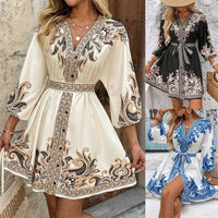 ⏳Spécial à durée limitée⏰Robe imprimée à taille nouée et encolure en V👗