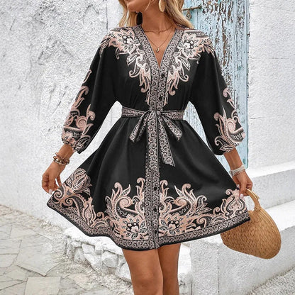 ⏳Spécial à durée limitée⏰Robe imprimée à taille nouée et encolure en V👗