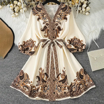 ⏳Spécial à durée limitée⏰Robe imprimée à taille nouée et encolure en V👗