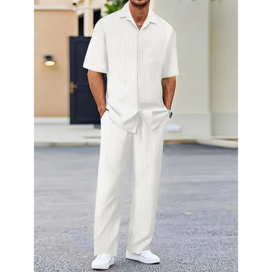 Costume deux pièces en lin pour hommes, avec haut à manches courtes et pantalon à cordon de serrage