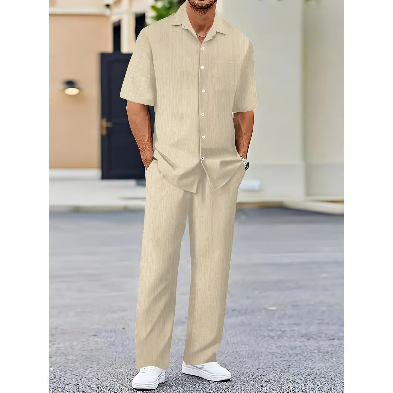 Costume deux pièces en lin pour hommes, avec haut à manches courtes et pantalon à cordon de serrage