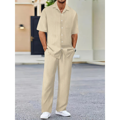 Costume deux pièces en lin pour hommes, avec haut à manches courtes et pantalon à cordon de serrage