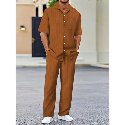 Costume deux pièces en lin pour hommes, avec haut à manches courtes et pantalon à cordon de serrage
