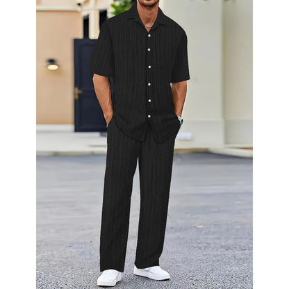 Costume deux pièces en lin pour hommes, avec haut à manches courtes et pantalon à cordon de serrage