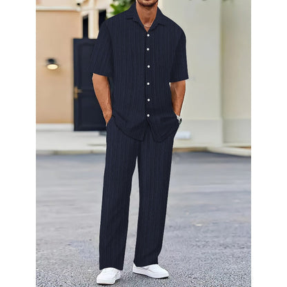 Costume deux pièces en lin pour hommes, avec haut à manches courtes et pantalon à cordon de serrage