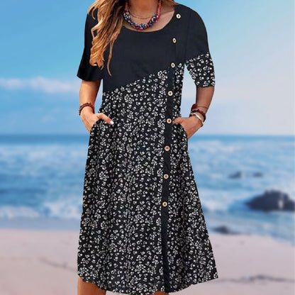 💃Élégance Vintage, Confort Moderne – Porter en Toute Liberté🌸Robe en coton imprimé vintage avec patchwork pour femmes