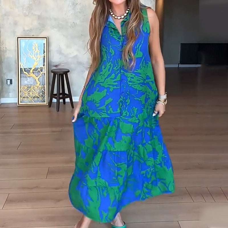 🌺 Robe Longue Sans Manches à Imprimé Exotique – Look Île & Coucher de Soleil 🌅 ✨ Tissu Léger & Coupe Élégante – Sublimez Votre Été avec Style !👗