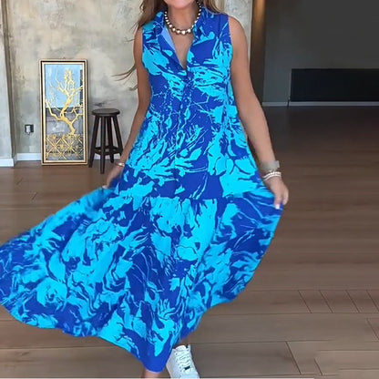 🌺 Robe Longue Sans Manches à Imprimé Exotique – Look Île & Coucher de Soleil 🌅 ✨ Tissu Léger & Coupe Élégante – Sublimez Votre Été avec Style !👗