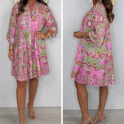 Douceur Bohème : Un Souffle de Liberté sur Votre Peau ✨Mini robe rose à imprimé cachemire pour femmes