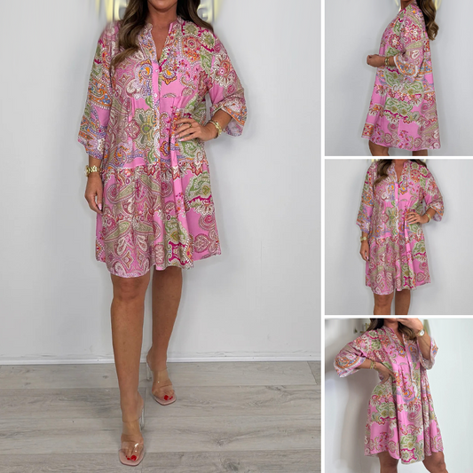 Douceur Bohème : Un Souffle de Liberté sur Votre Peau ✨Mini robe rose à imprimé cachemire pour femmes