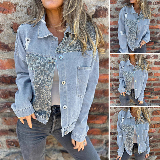 ⏳Spécial à durée limitée⏰Veste en Jean à Motif Léopard et Patchwork Tendance🤠