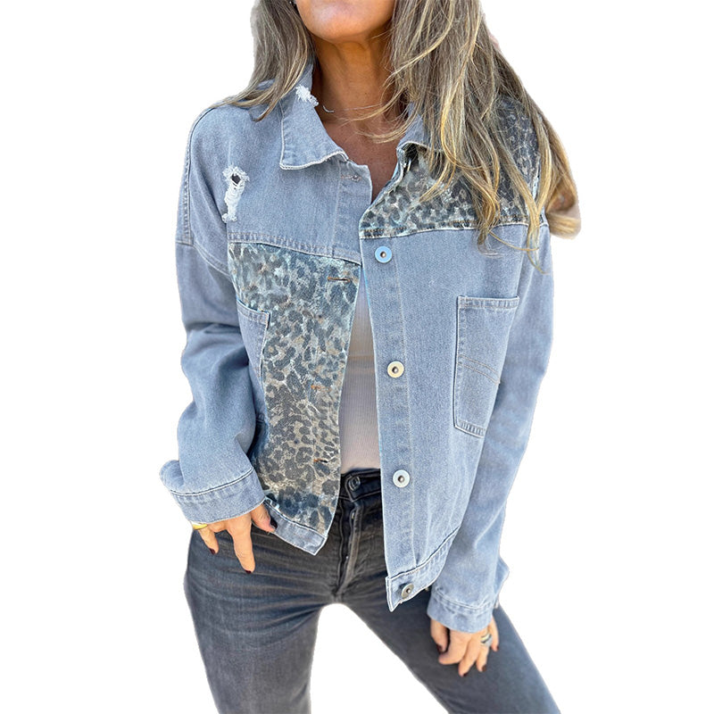 ⏳Spécial à durée limitée⏰Veste en Jean à Motif Léopard et Patchwork Tendance🤠
