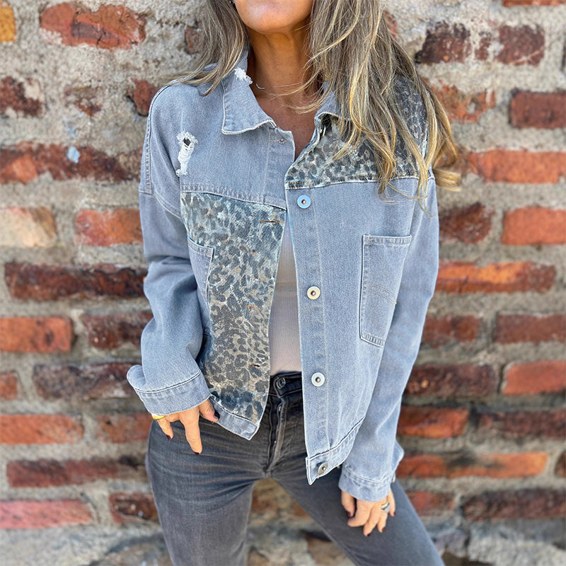 ⏳Spécial à durée limitée⏰Veste en Jean à Motif Léopard et Patchwork Tendance🤠