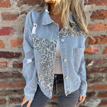⏳Spécial à durée limitée⏰Veste en Jean à Motif Léopard et Patchwork Tendance🤠
