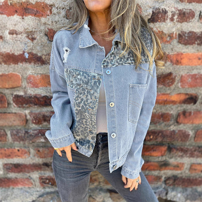 ⏳Spécial à durée limitée⏰Veste en Jean à Motif Léopard et Patchwork Tendance🤠