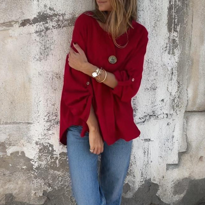 ⏳Spécial à durée limitée⏰Haut simple et ample pour femme avec manches retroussées👚