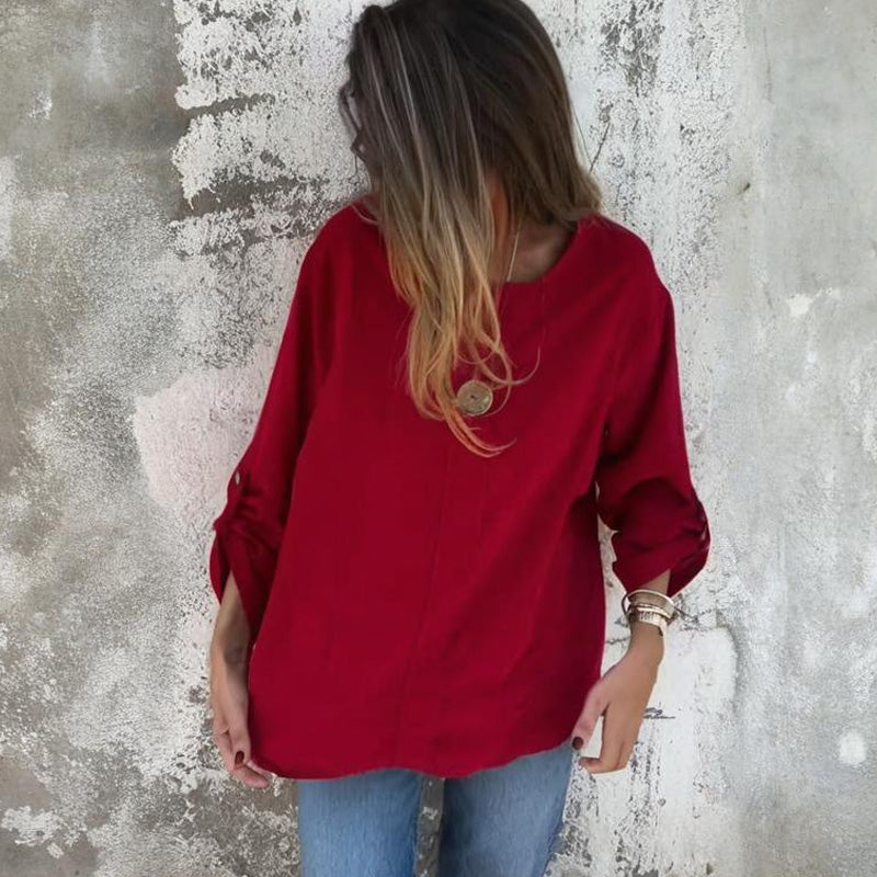 ⏳Spécial à durée limitée⏰Haut simple et ample pour femme avec manches retroussées👚