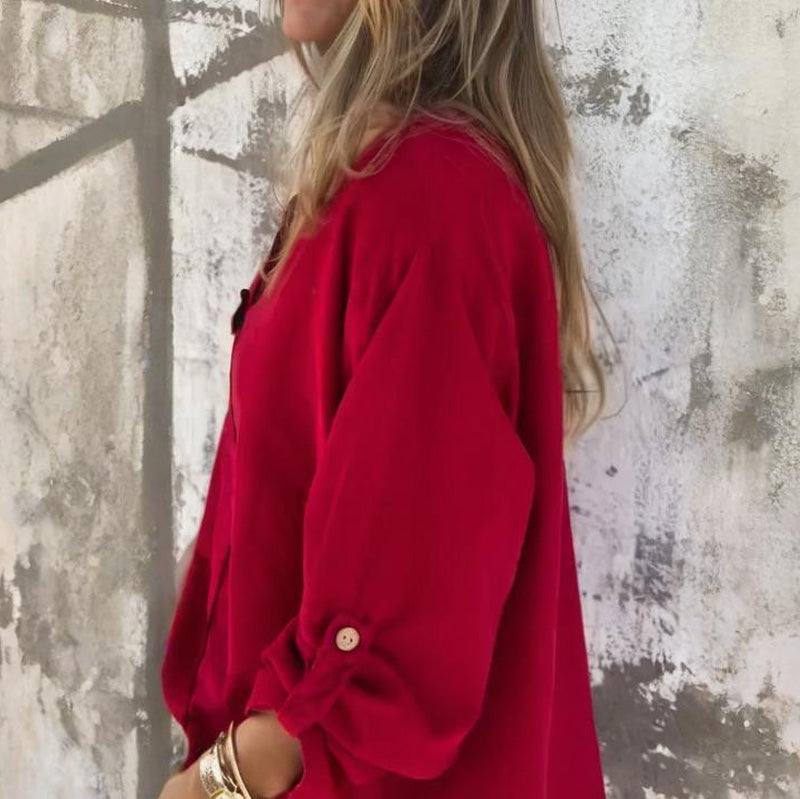 ⏳Spécial à durée limitée⏰Haut simple et ample pour femme avec manches retroussées👚