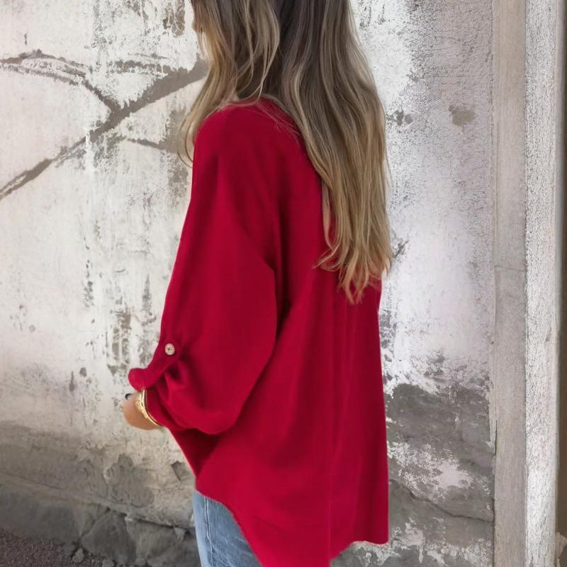 ⏳Spécial à durée limitée⏰Haut simple et ample pour femme avec manches retroussées👚